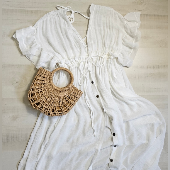 New Flowy Semi Sheer Maxi Cover Up Dress Summer White - Picture 3 of 11